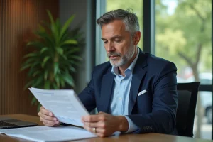 Homme d'affaires en costume lisant un document financier
