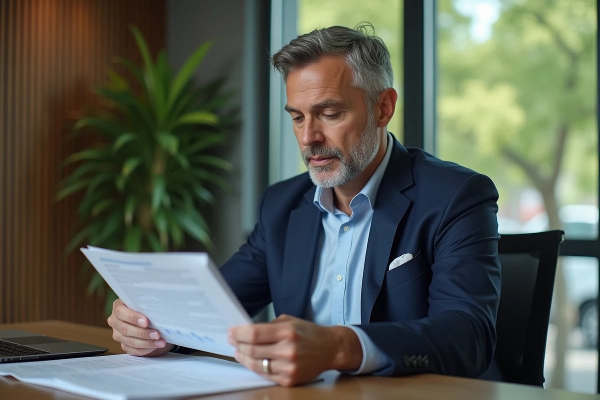 Homme d'affaires en costume lisant un document financier