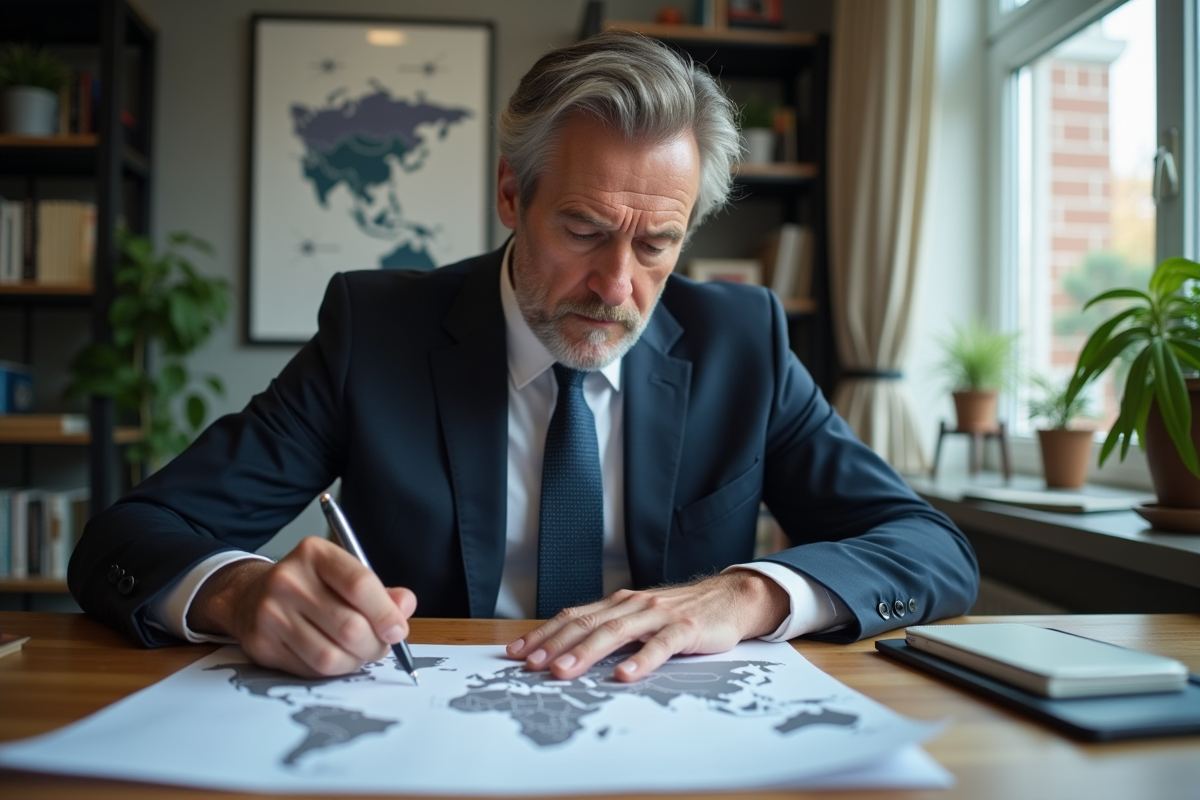 Homme d'affaires en costume examine un document avec une carte du monde