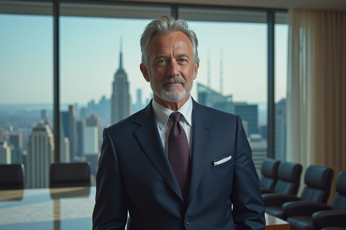 Homme d'affaires en costume dans un bureau moderne avec vue urbaine