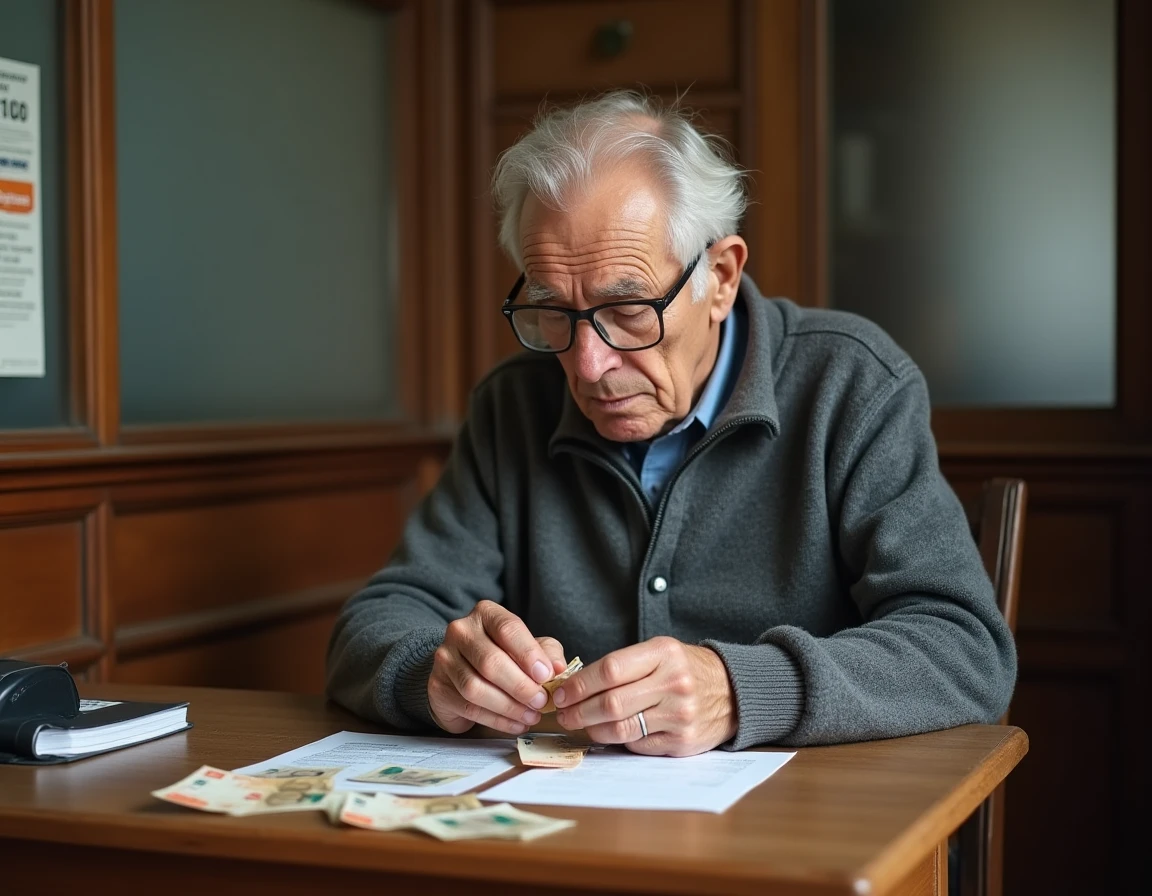 Homme âgé comptant des billets de banque dans une agence bancaire française, évoquant l'attachement des seniors au paiement en espèces