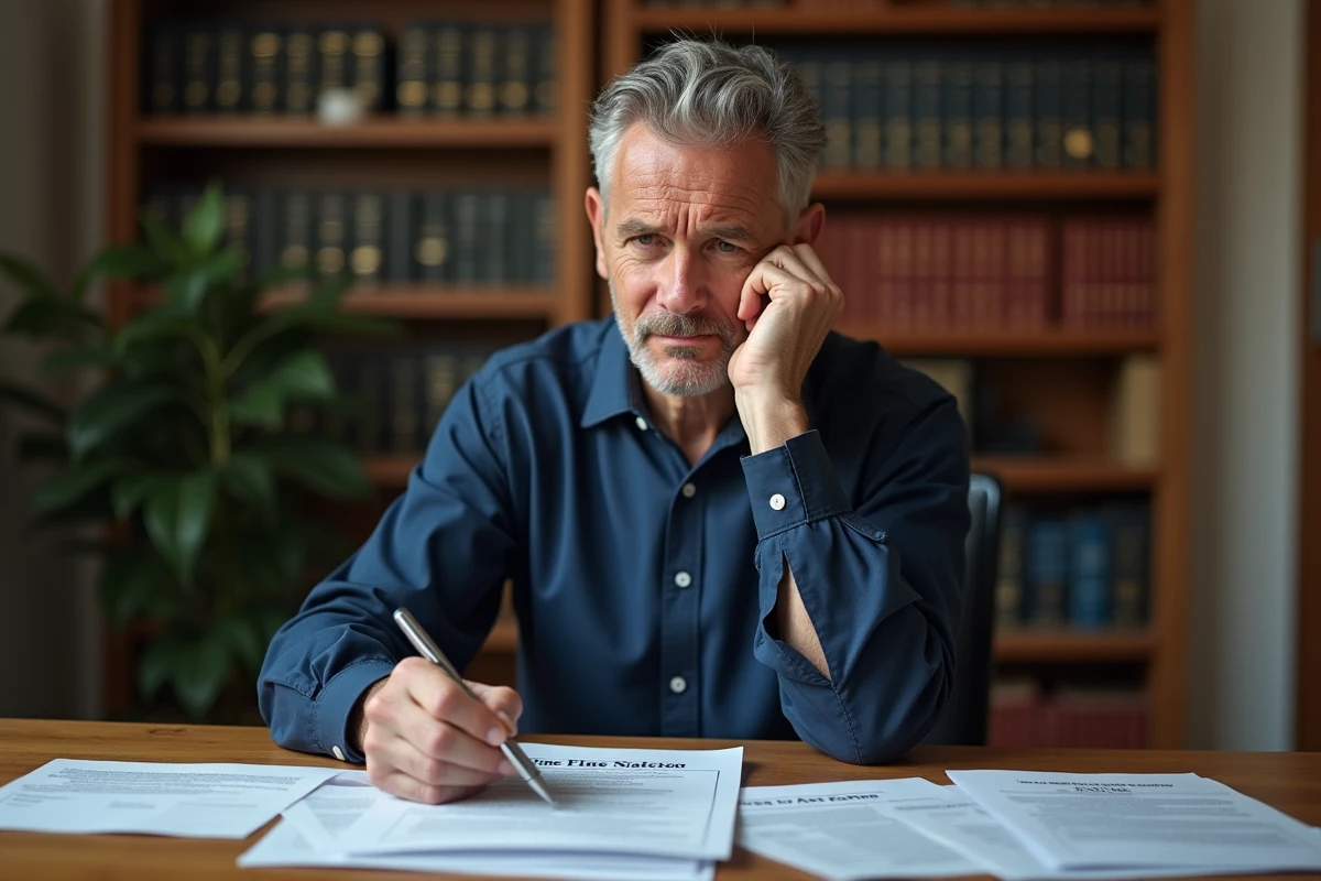Homme contemplant le paiement d'une amende pécuniaire avec des documents officiels sur son bureau
