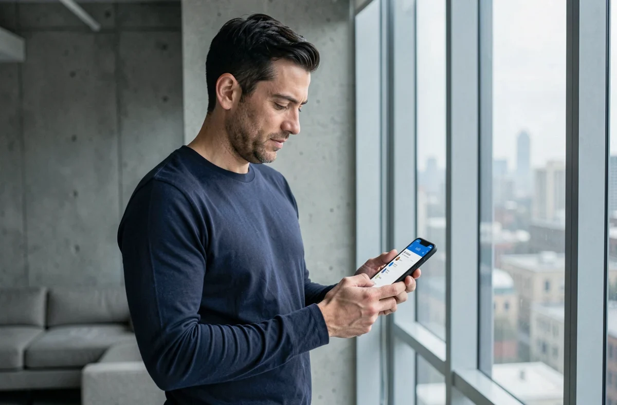 Homme consultant son application bancaire mobile depuis un appartement moderne en ville