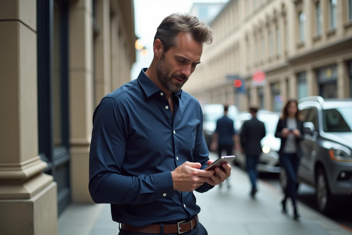 Homme d'affaires consultant son application bancaire sur mobile en pleine rue en ville