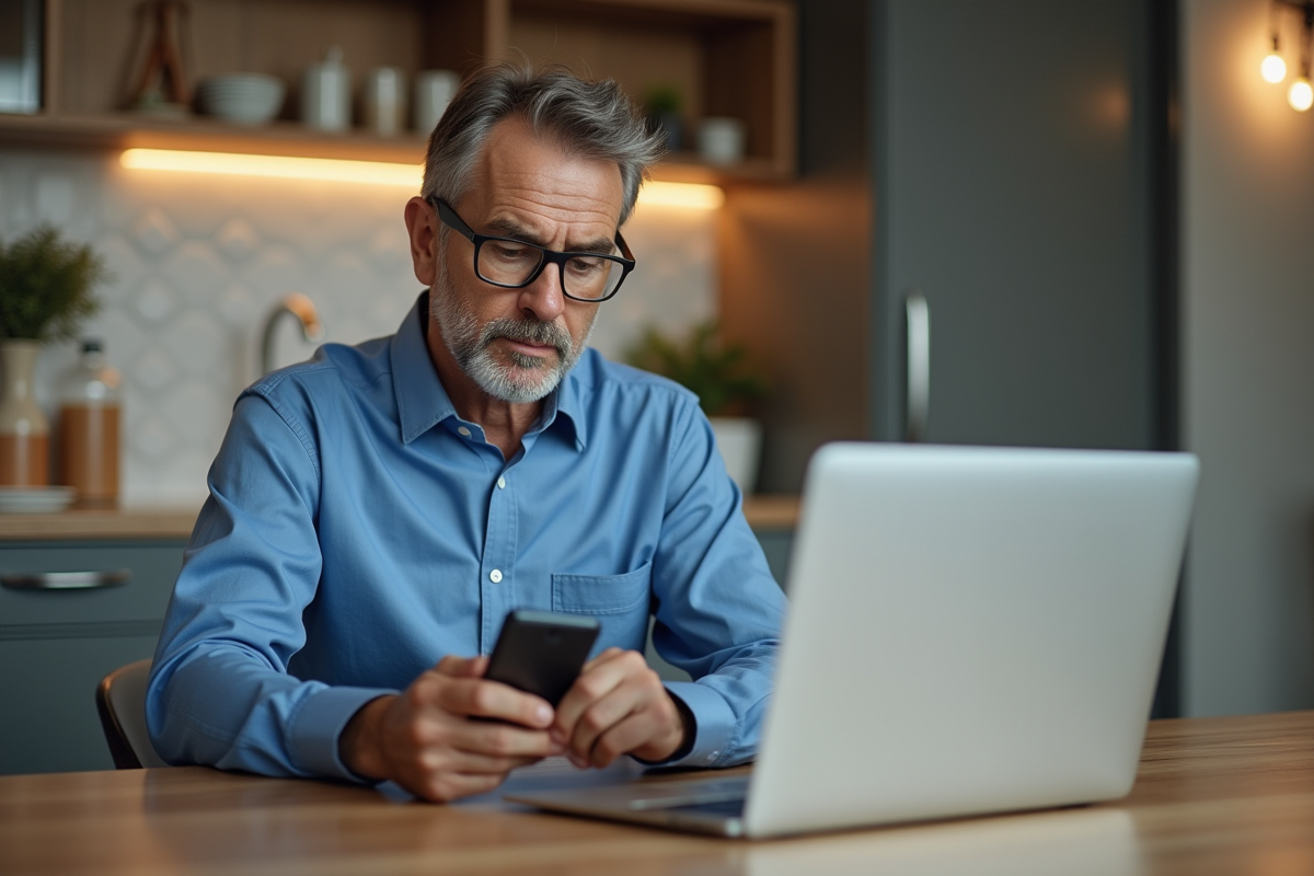 Homme d'âge moyen utilisant une application bancaire sur smartphone