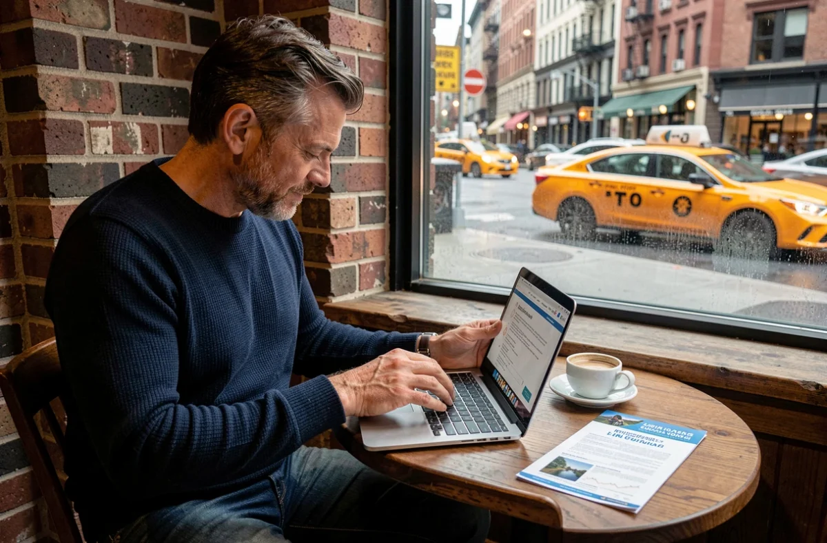 Homme consultant son assurance voyage sur un ordinateur portable dans un café de Manhattan à New York