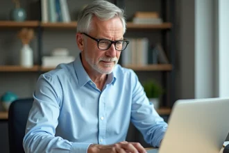 Homme d'âge moyen utilisant un ordinateur pour la banque