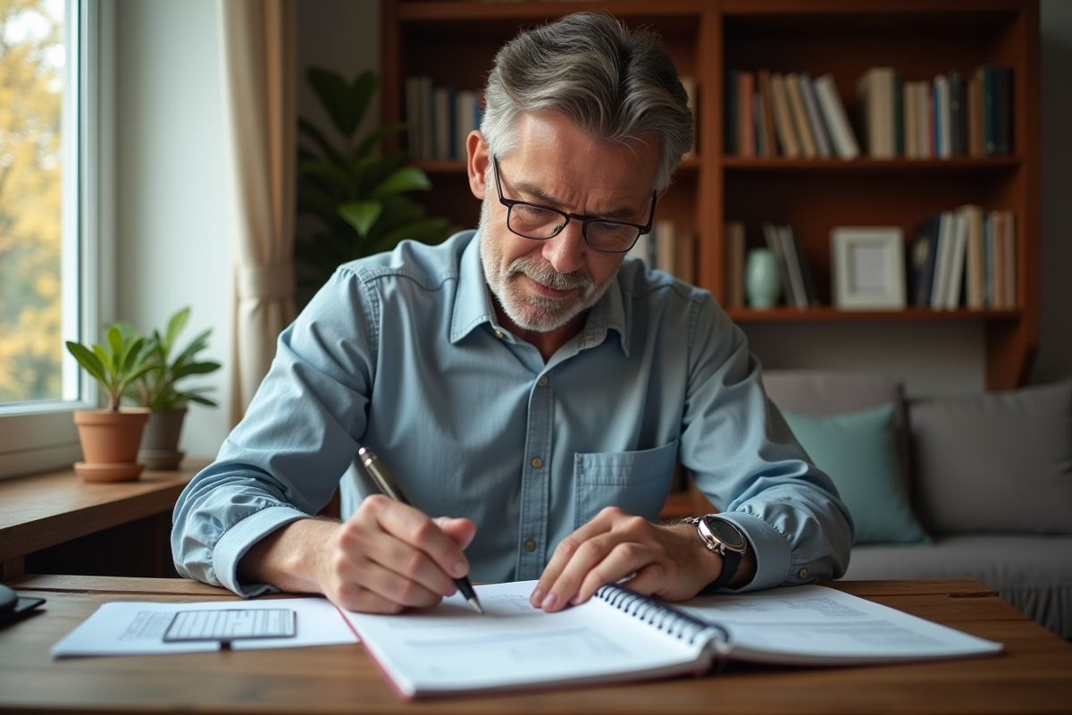 Homme moyenâgeux examinant des factures et prenant des notes