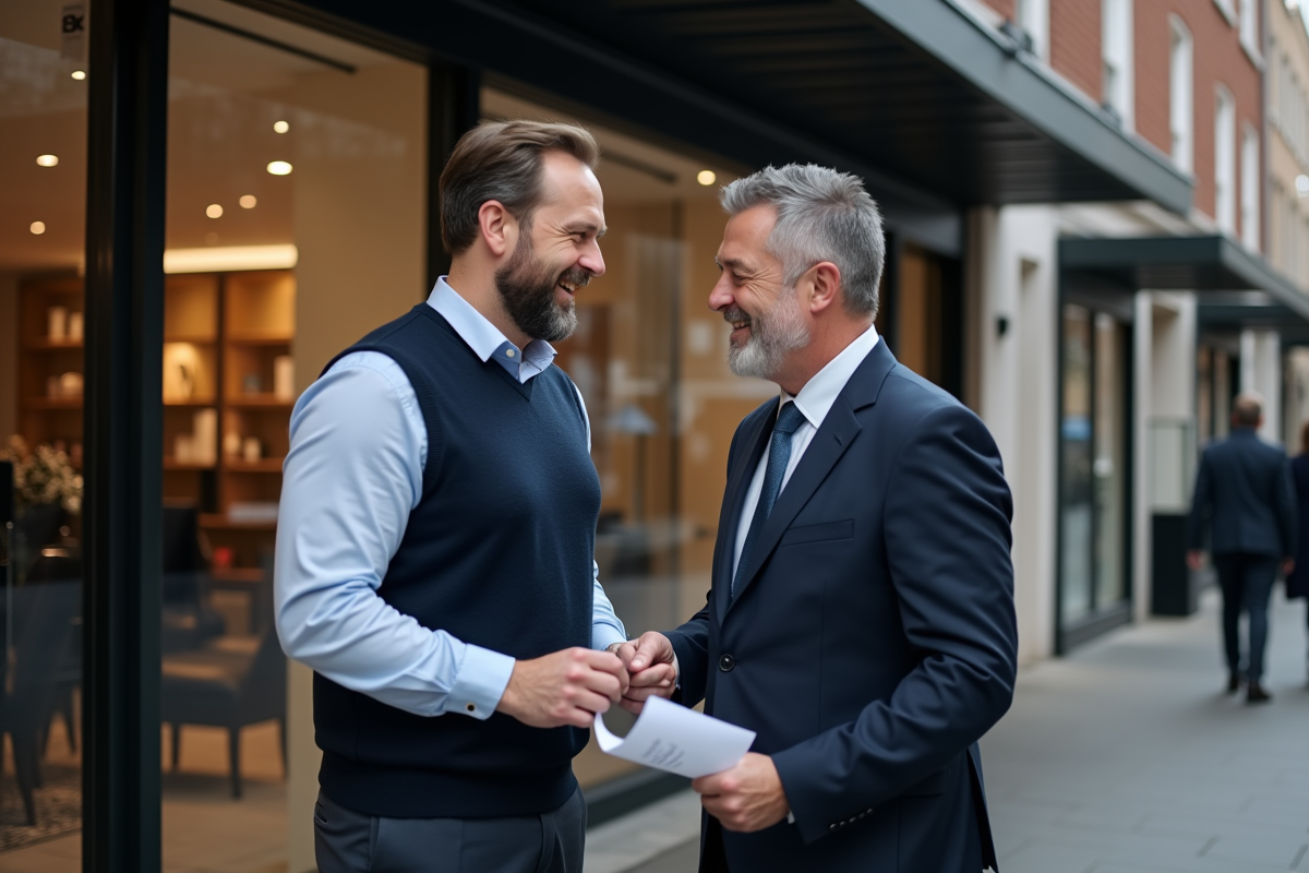 Homme d affaires devant boutique en ville pour article finances