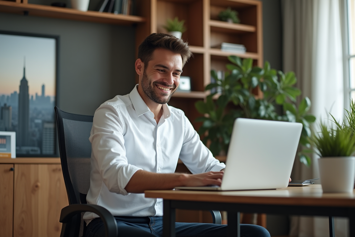 Homme confiant vérifiant Bitcoin sur son ordinateur dans un bureau moderne