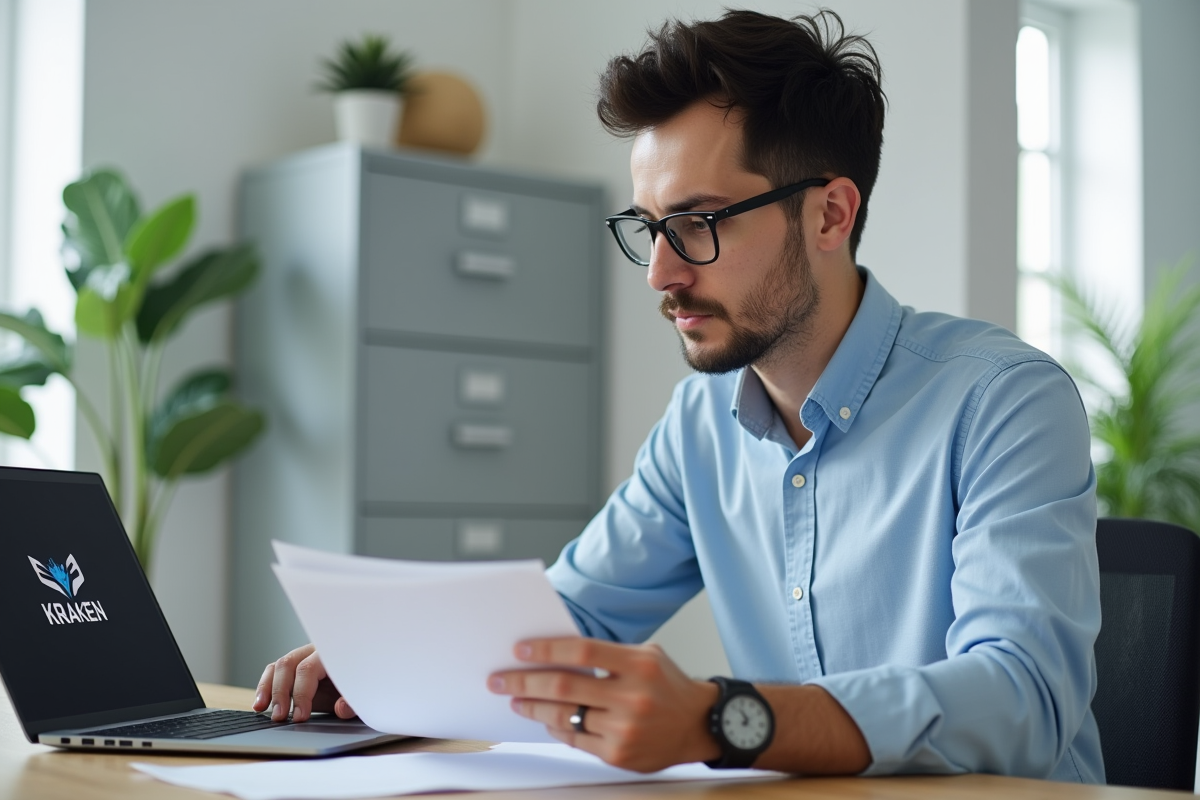 Homme d'affaires au bureau avec logo Kraken sur son ordinateur