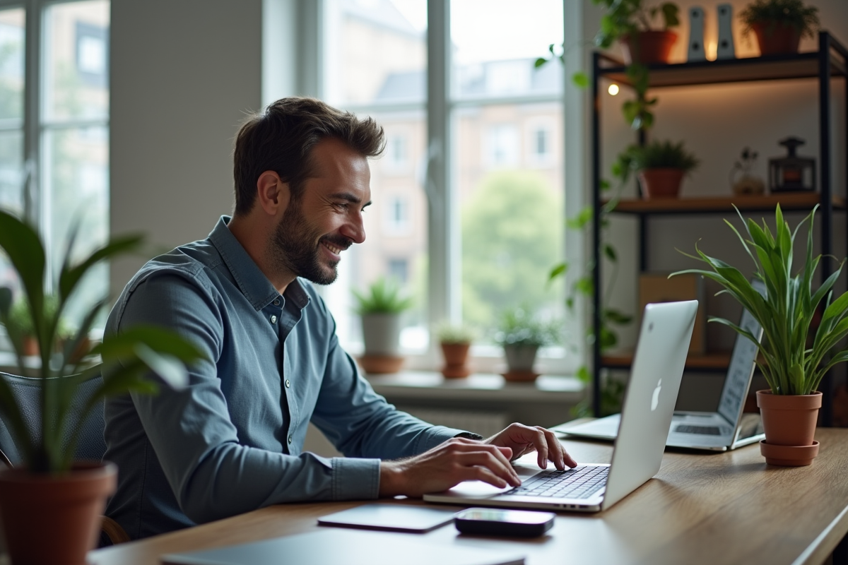 Homme en tenue décontractée travaillant sur un ordinateur dans un bureau lumineux