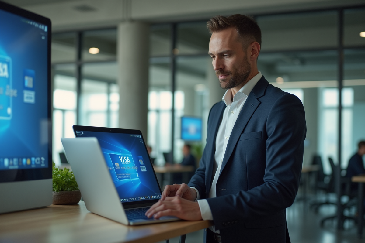 Homme d affaires regardant une carte Visa virtuelle sur son ordinateur