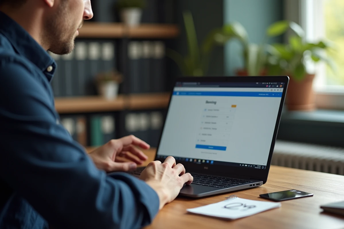 Homme utilisant une calculatrice en ligne sur un ordinateur portable pour planifier un retrait au distributeur