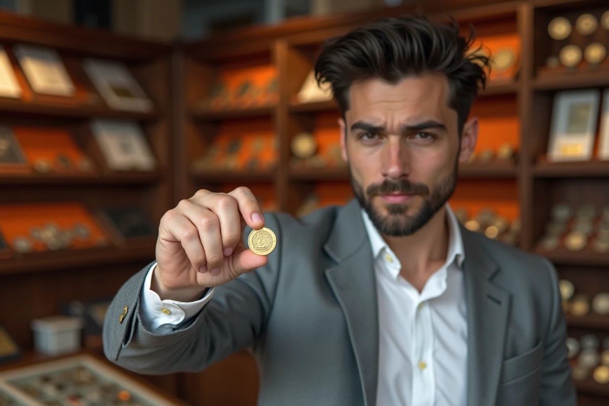 Jeune homme regarde un coin JO 2026 dans une boutique de collection
