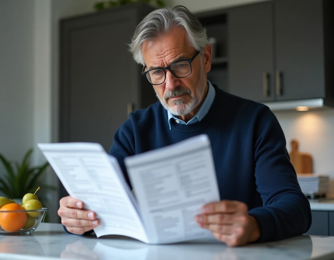 Homme comparant des offres de prêt trésorerie sans justificatif avec des documents imprimés à la maison