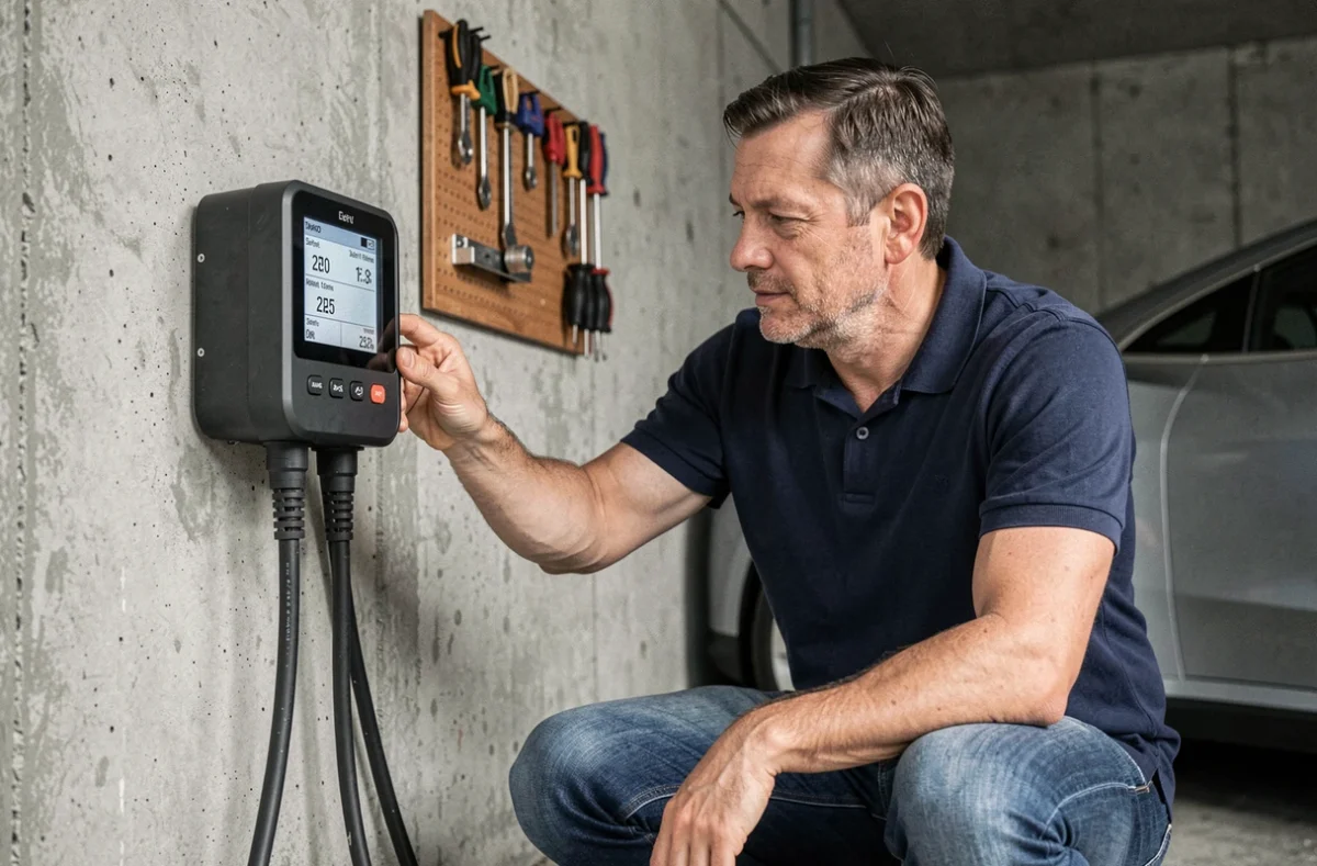 Homme vérifiant un compteur électrique Linky dans un garage avec une voiture électrique en charge pendant les heures creuses