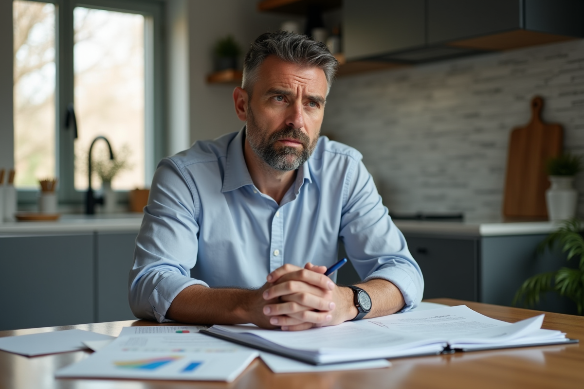 Homme d'âge moyen pensif à la cuisine avec papiers