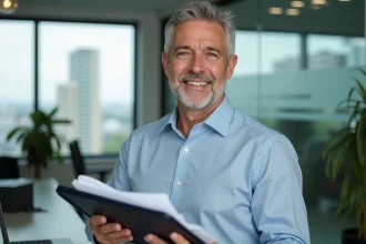 Homme d'âge moyen souriant avec dossier d'assurance