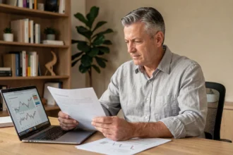 Homme consultant des documents de placement immobilier SCPI sur un bureau en bois dans un bureau à domicile moderne