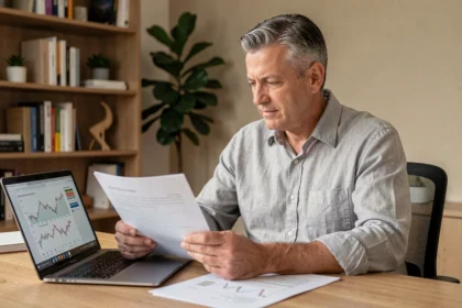Homme consultant des documents de placement immobilier SCPI sur un bureau en bois dans un bureau à domicile moderne