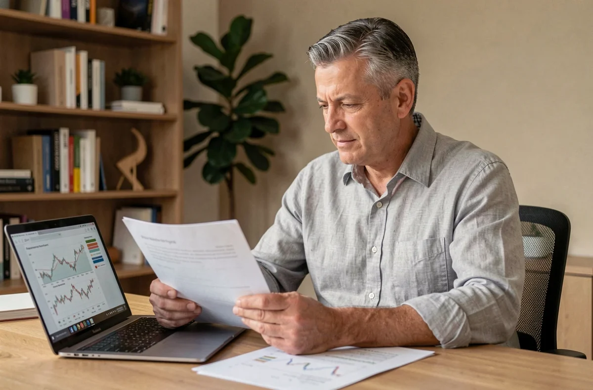 Homme consultant des documents de placement immobilier SCPI sur un bureau en bois dans un bureau à domicile moderne