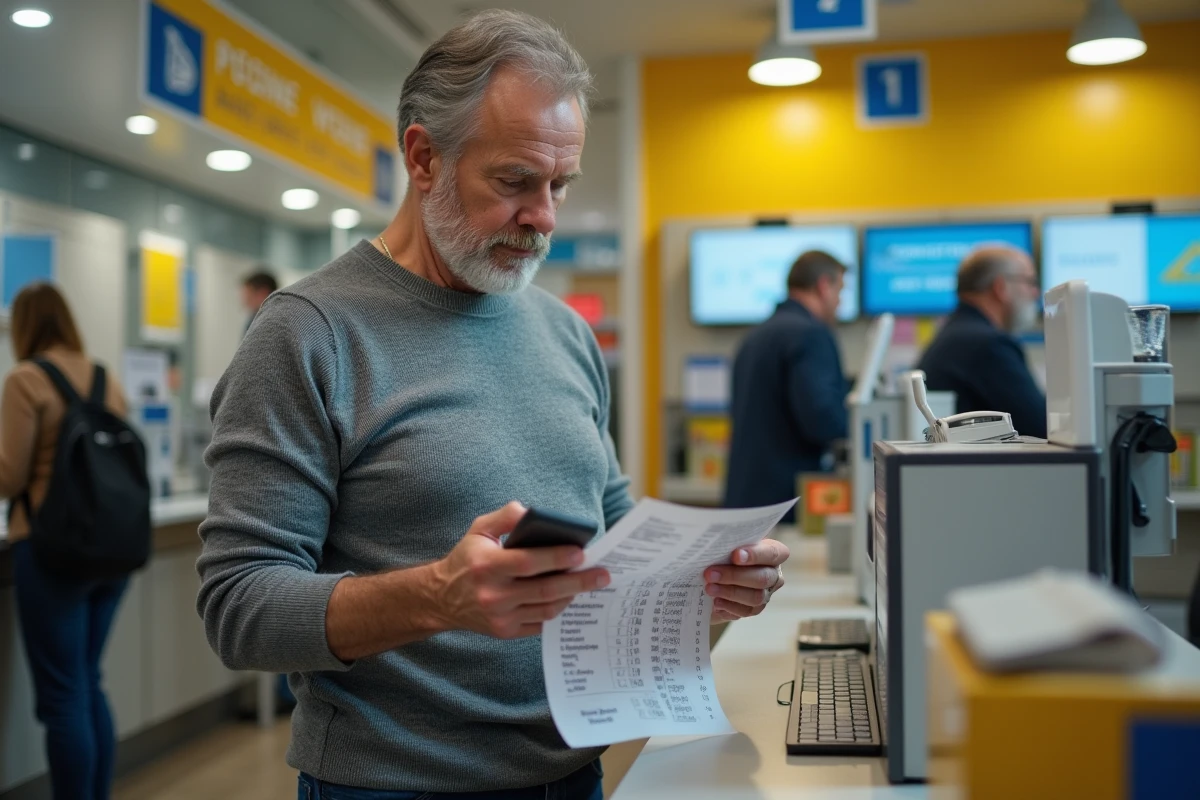 Homme consultant les numéros utiles de La Banque Postale dans un bureau de poste