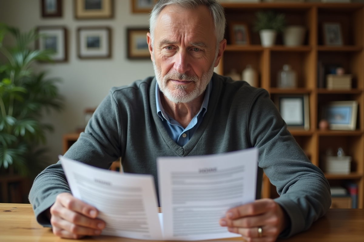 Homme d'âge moyen compare deux contrats d'assurance maison