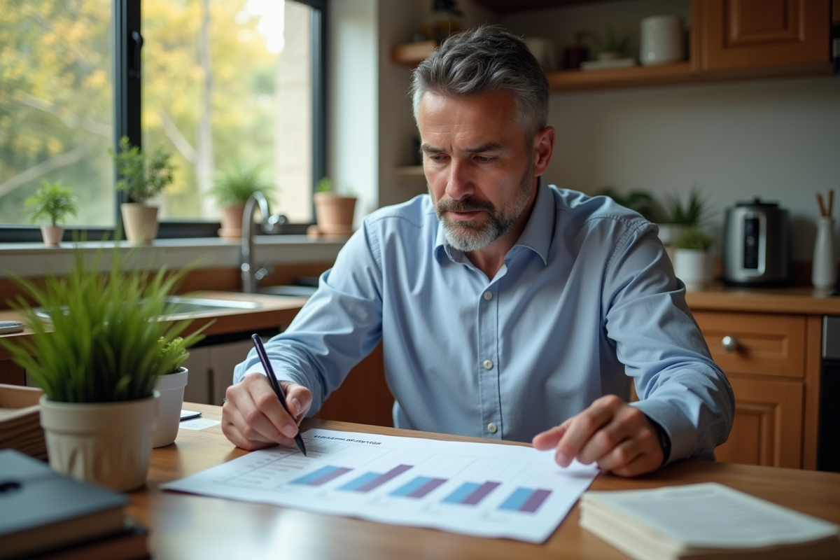 Homme analysant un graphique de taux immobilier à la maison