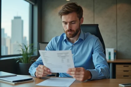 Jeune homme en bureau v&eacute;rifiant son bulletin de salaire