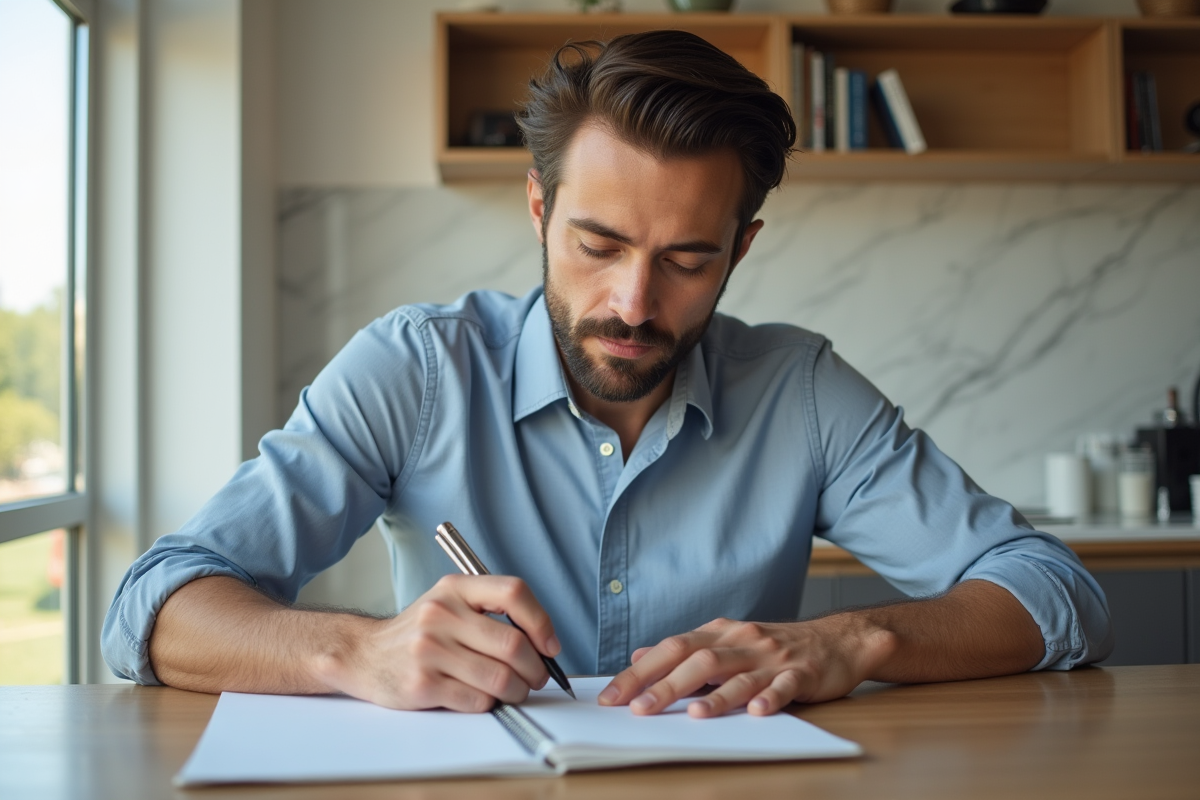 Homme en chemise planifiant avec un carnet dans une cuisine lumineuse