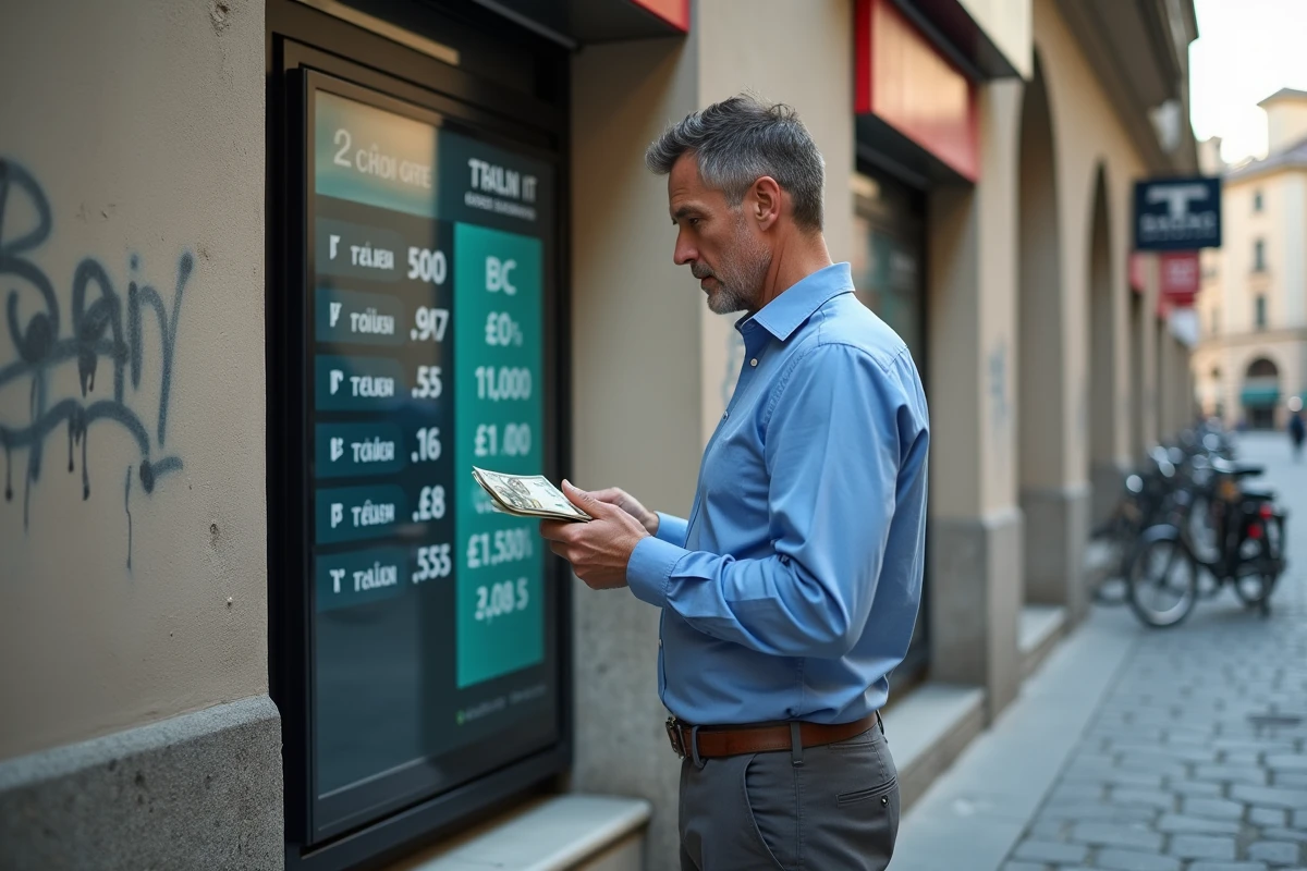 Homme regardant taux de change devant banque en ville