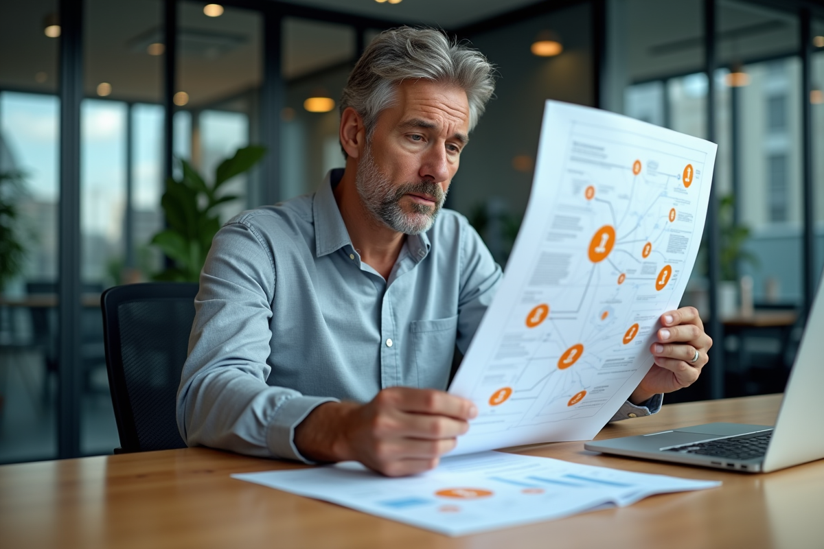 Homme d'affaires regardant diagrammes et symboles Bitcoin