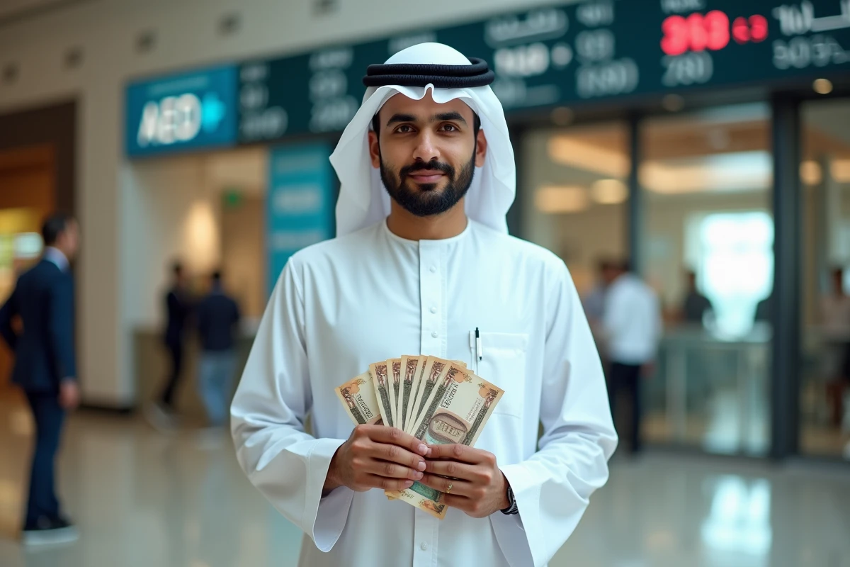 Homme en kandura tenant des dirhams devant un bureau de change à Dubaï