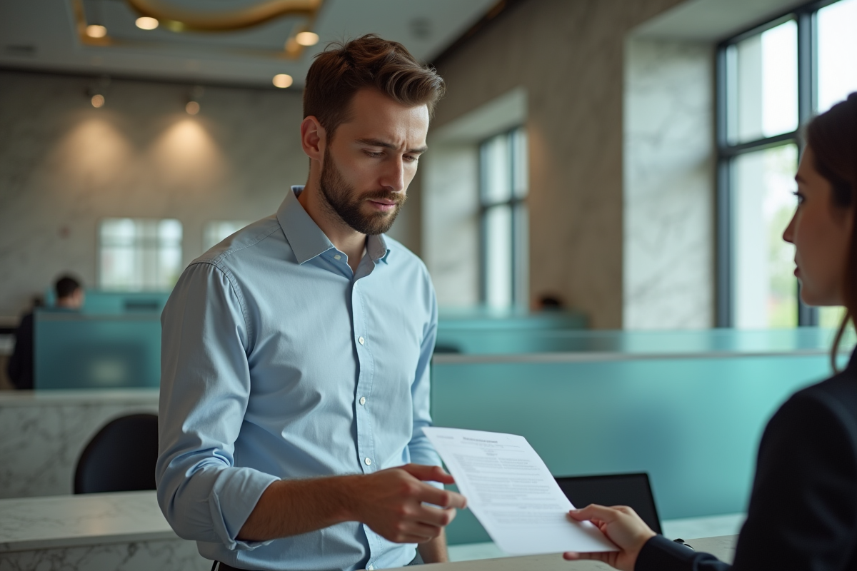 Jeune homme remettant un document à la banque