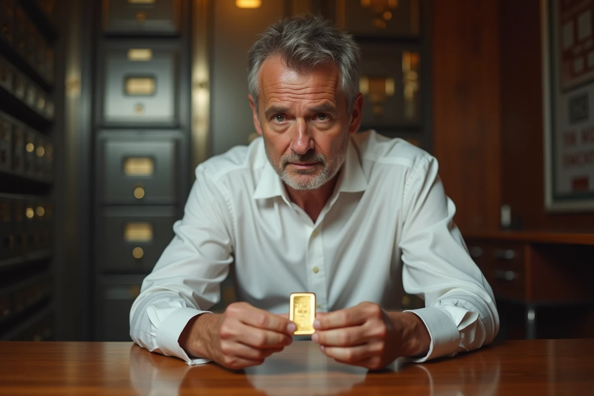 Homme d'affaires tenant un lingot d'or 250g entre les mains dans une salle de coffres bancaire