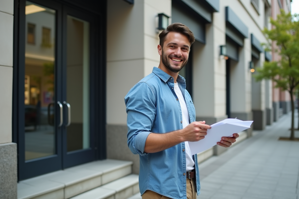 Jeune homme souriant vérifiant ses documents devant une banque urbaine