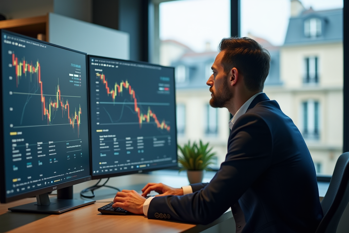 Homme d'affaires en costume bleu analysant des graphiques financiers à Paris