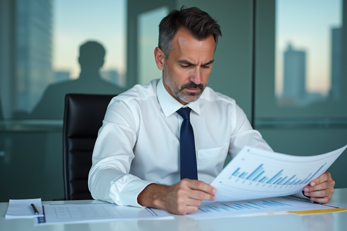 Homme d'affaires en revue des graphiques financiers