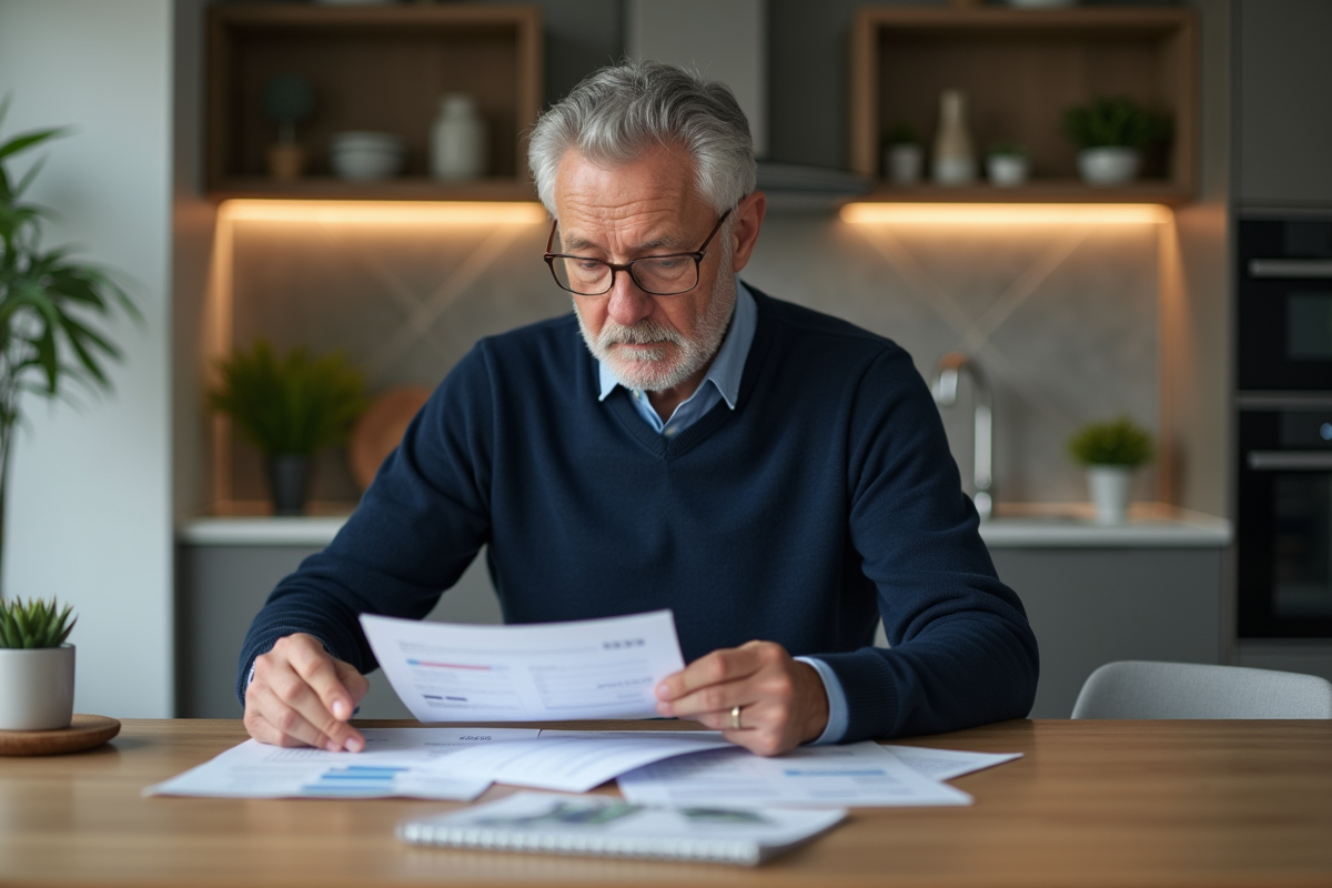Homme d'âge moyen examinant des documents financiers à la maison