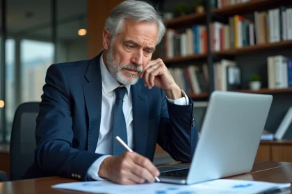 Homme d'affaires en costume analysant des graphiques financiers