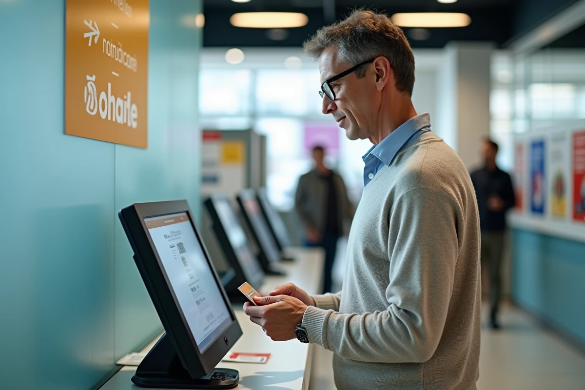 Homme avec lunettes paie une facture au guichet automatique
