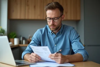 Homme en chemise bleue lisant une fiche de paie à la maison