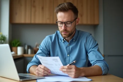 Homme en chemise bleue lisant une fiche de paie &agrave; la maison