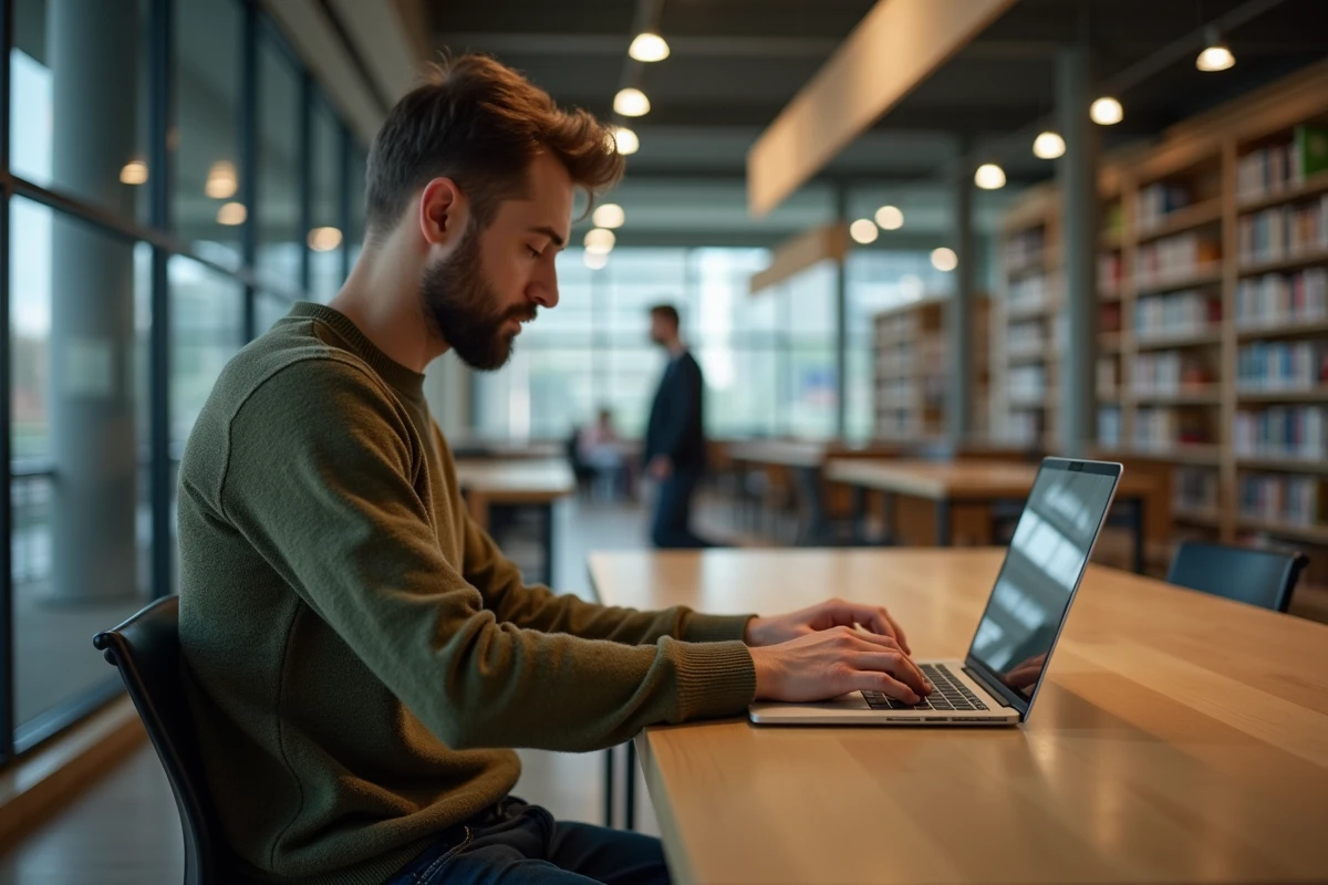 Homme concentré travaillant dans une bibliothèque