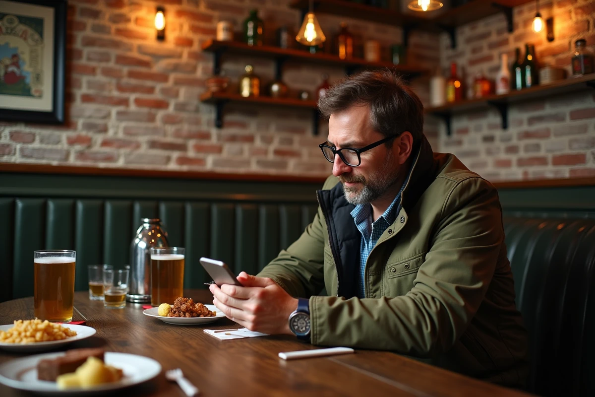 Homme avec lunettes vérifiant sa facture dans un pub irlandais
