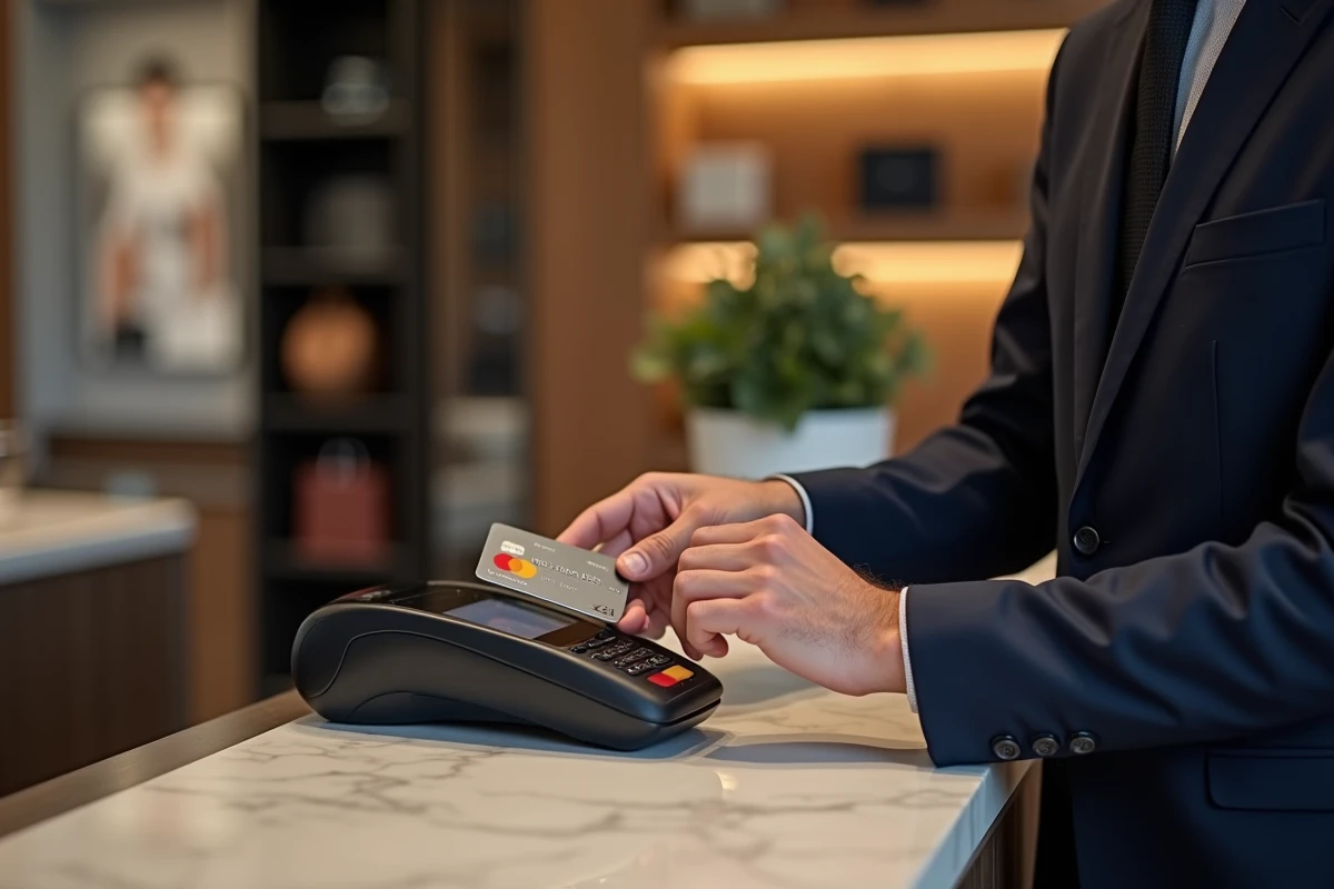 Homme en costume effectuant un paiement sans contact avec une carte Mastercard Crédit Agricole dans une boutique haut de gamme