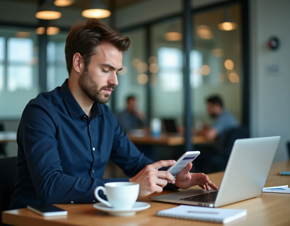 Homme assis à un bureau de coworking en train d'utiliser PayPal sur son téléphone mobile