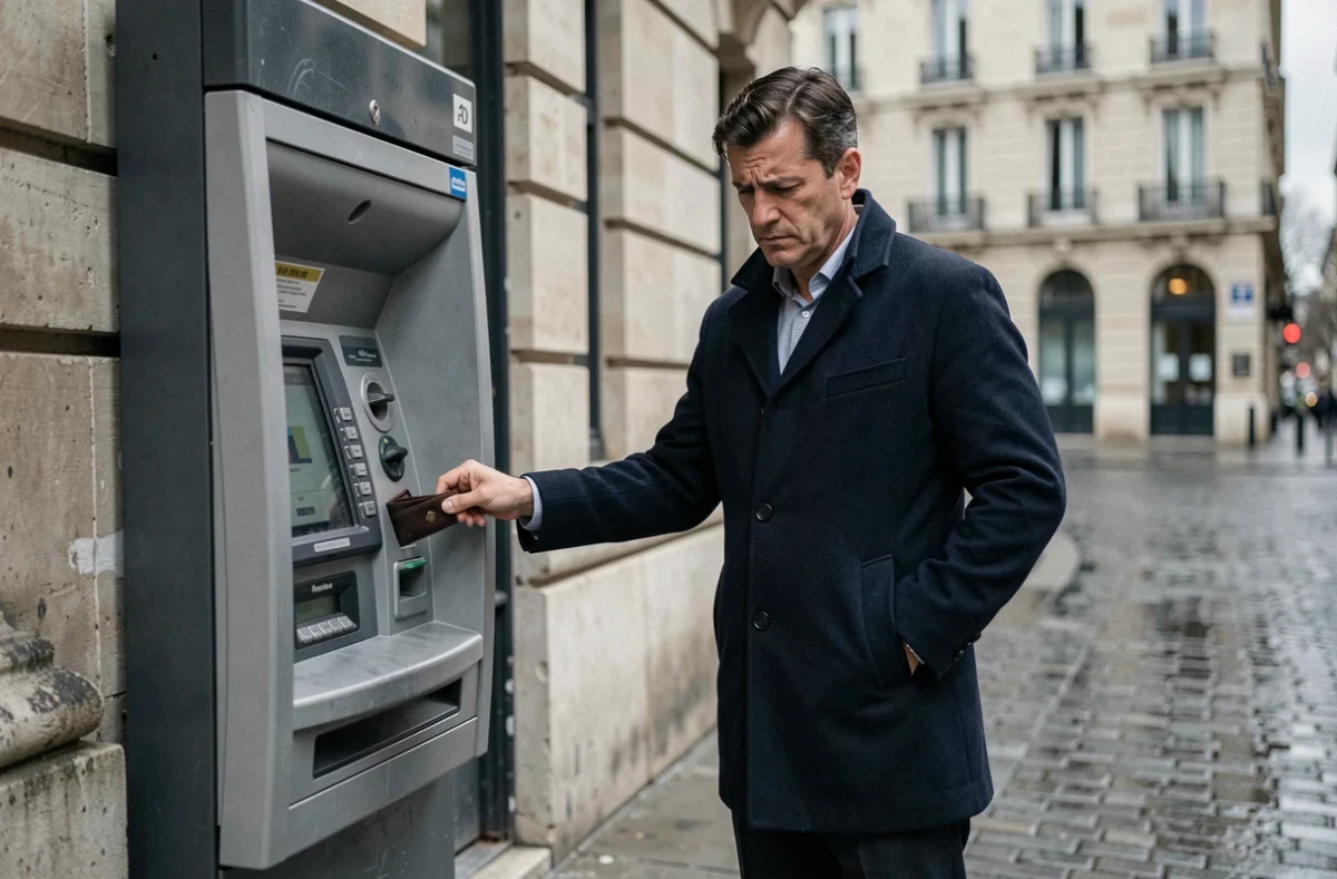 Homme réalisant la perte de sa carte bancaire devant un distributeur automatique dans une rue française
