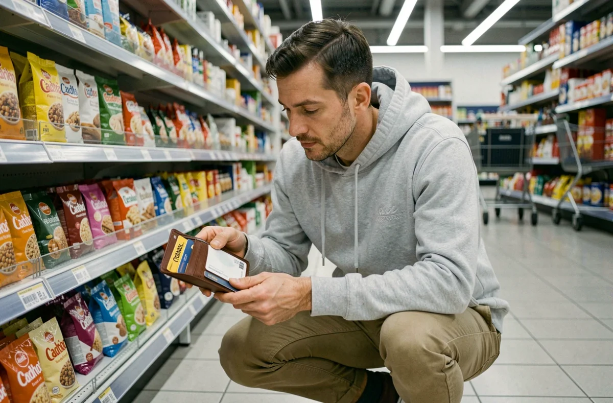 Homme avec des chèques Cadhoc dans son portefeuille lors des courses en supermarché